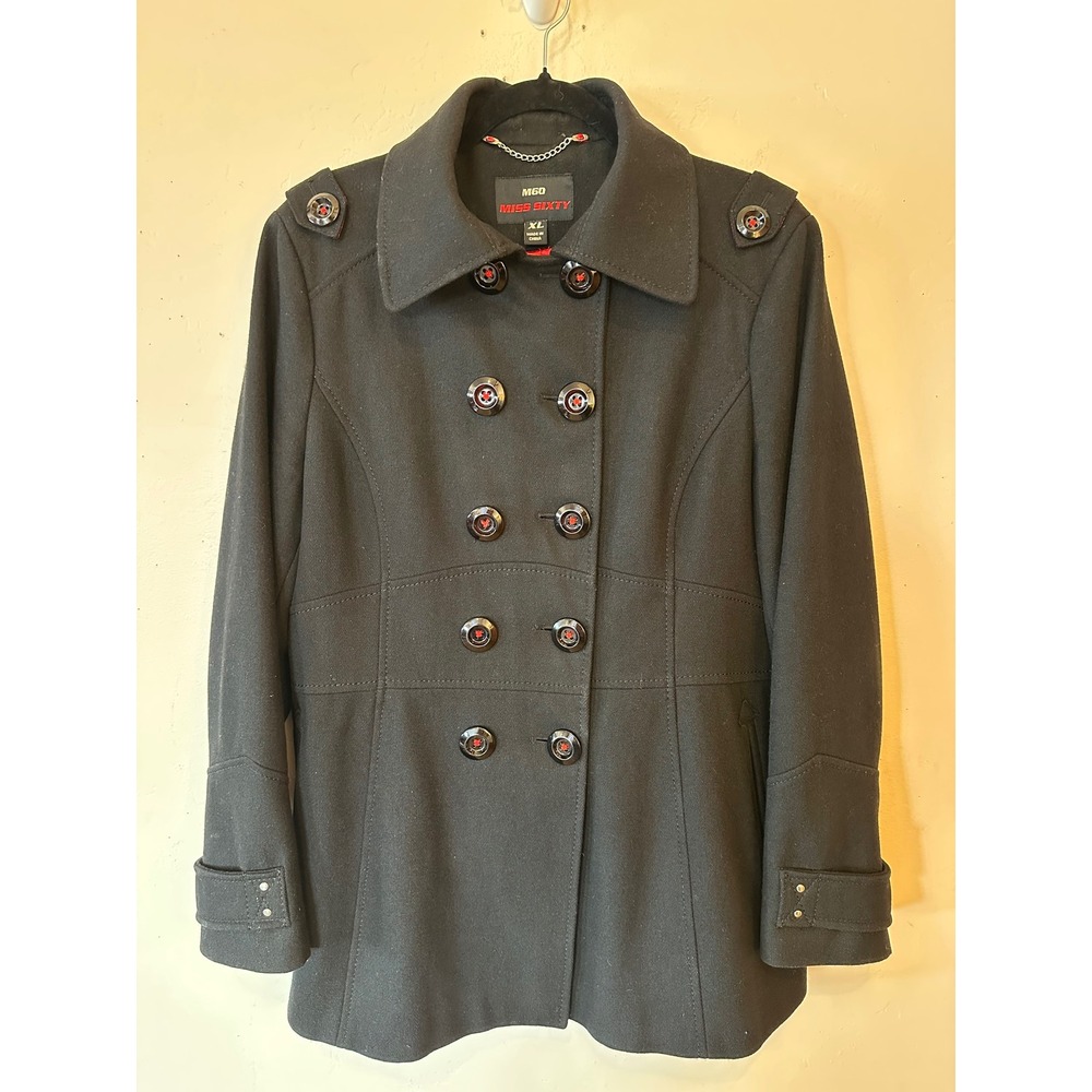 Vintage Miss Sixty M60 Black Wool Blend Peacoat Red Satin Lining Gothic Y2K XL - Picture 9 of 16